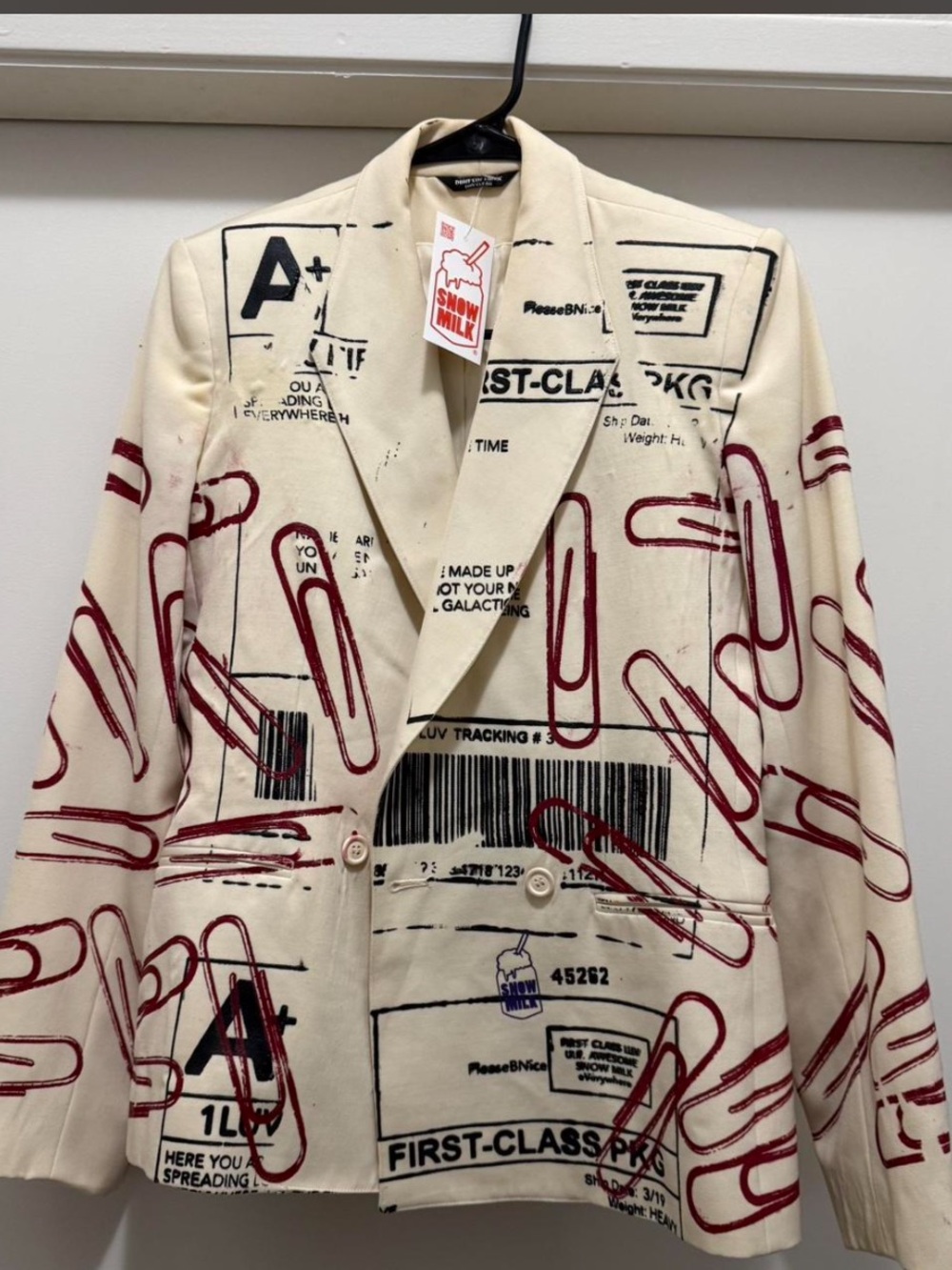 Snow milk Graphic Paperclip Print Blazer in Cream and Burgundy